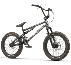 A black WeThePeople 20" The Swampmaster BMX bike with full suspension, displayed against a white background.