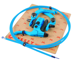 A bright blue Odyssey brake cable and matching brake lever assembly resting on a branded brown cardboard insert against a white background.