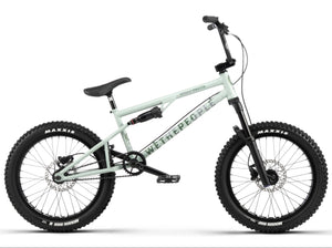 wethepeople full suspension bmx bike in matte swamp grey with black manitou forks and maxxis tyres on white background