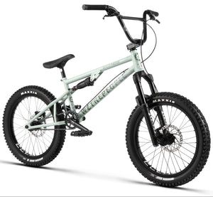 wethepeople full suspension bmx bike in matte swamp grey with black manitou forks and maxxis tyres on white background