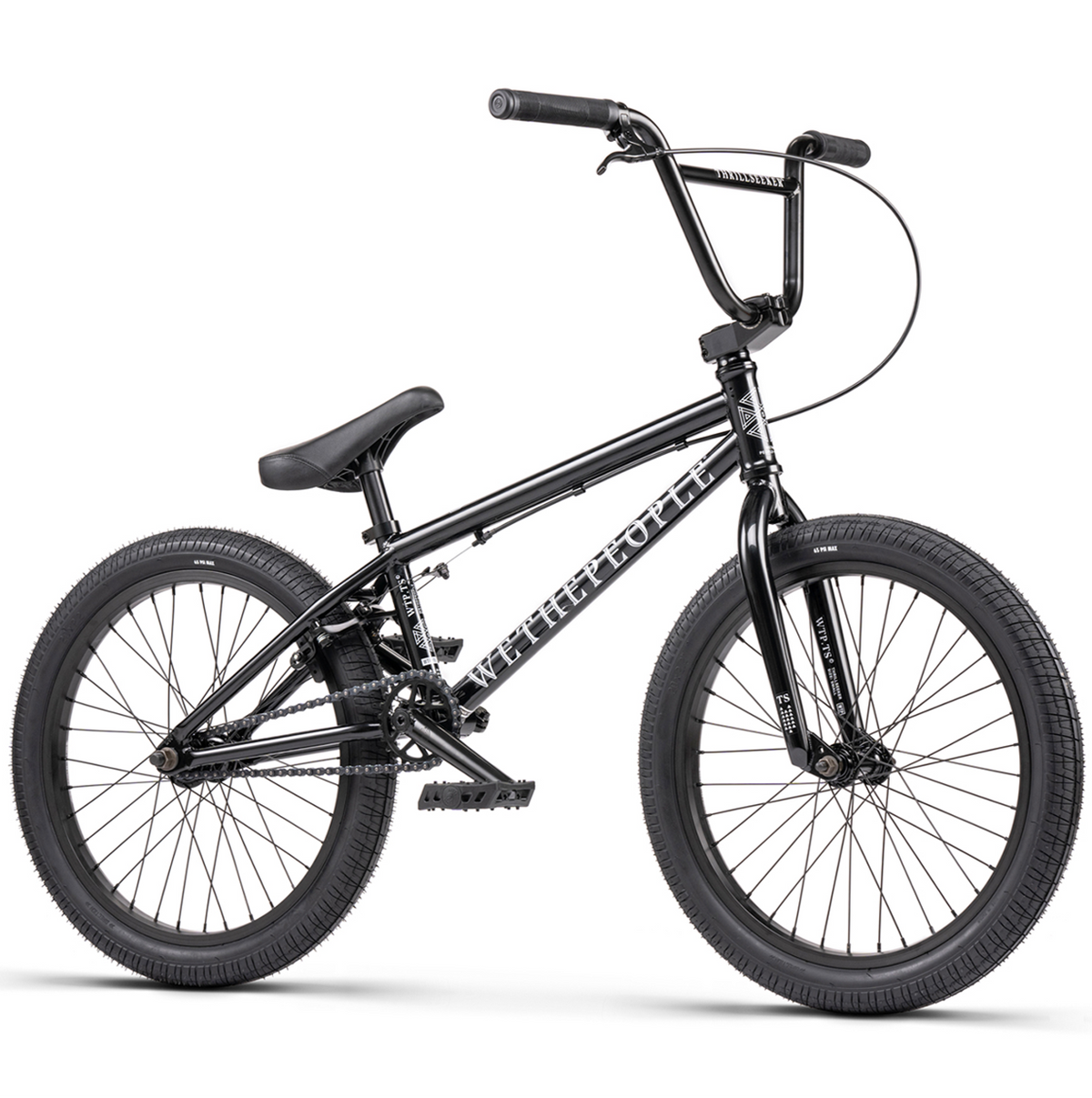 A black Wethepeople Thrillseeker 20 BMX bike with white lettering, showcasing the side profile with the brand name visible.