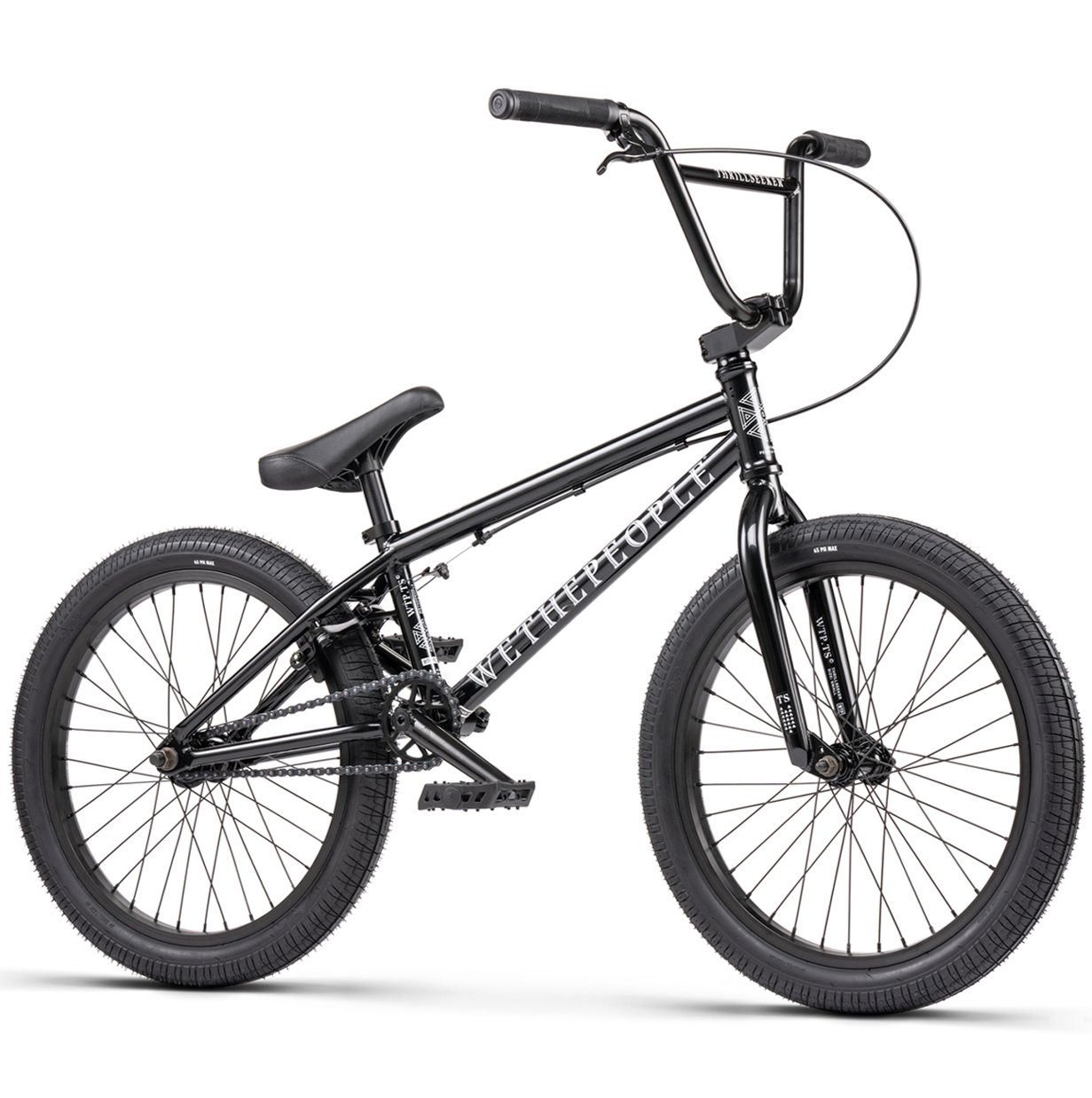 A black Wethepeople Thrillseeker 20 BMX bike with white lettering, showcasing the side profile with the brand name visible.