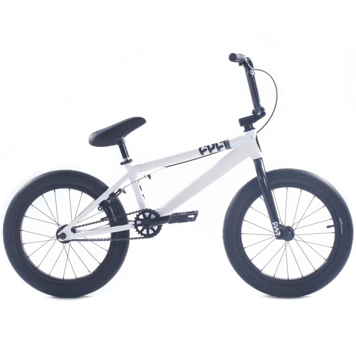White Cult BMX bicycle with black wheels on a white background