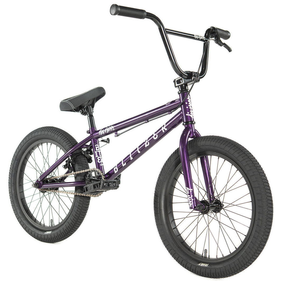 division blitzer 18 inch bmx bike in metallic purple with white stickers