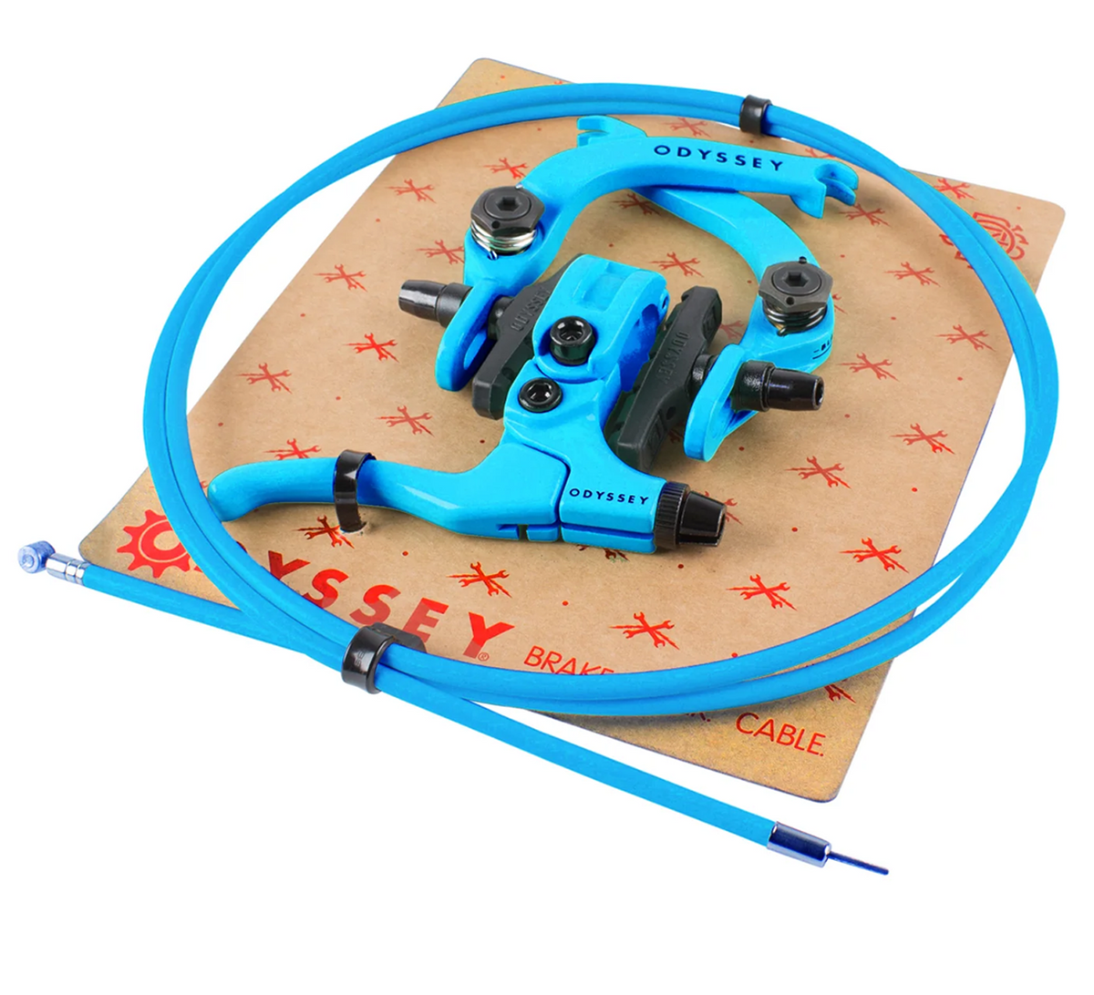 A bright blue Odyssey brake cable and matching brake lever assembly resting on a branded brown cardboard insert against a white background.