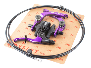Odyssey brake cable and brake lever set with a purple and black brake assembly, displayed on a branded cardboard backing against a white background.