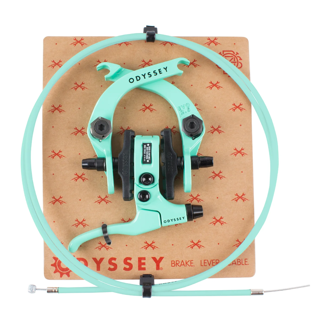 Odyssey brake lever and cable assembly in toothpaste colour displayed on a branded cardboard backing against a white background.