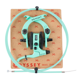 Odyssey brake lever and cable assembly in toothpaste colour displayed on a branded cardboard backing against a white background.