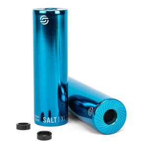 Blue metal bmx pegs with 'Salt XL' branding on a white background