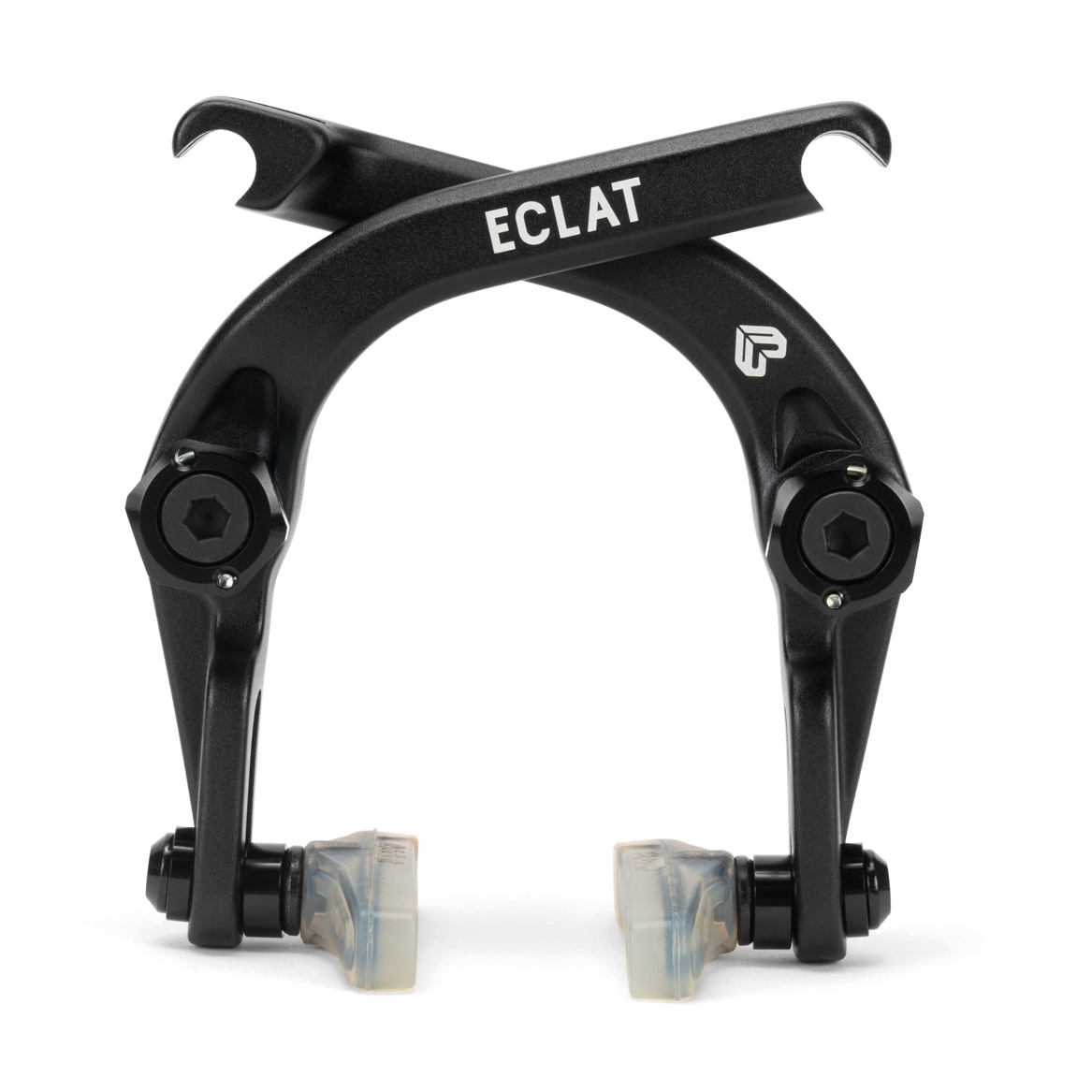 Black bicycle brake caliper with 'Eclat' branding on a white background