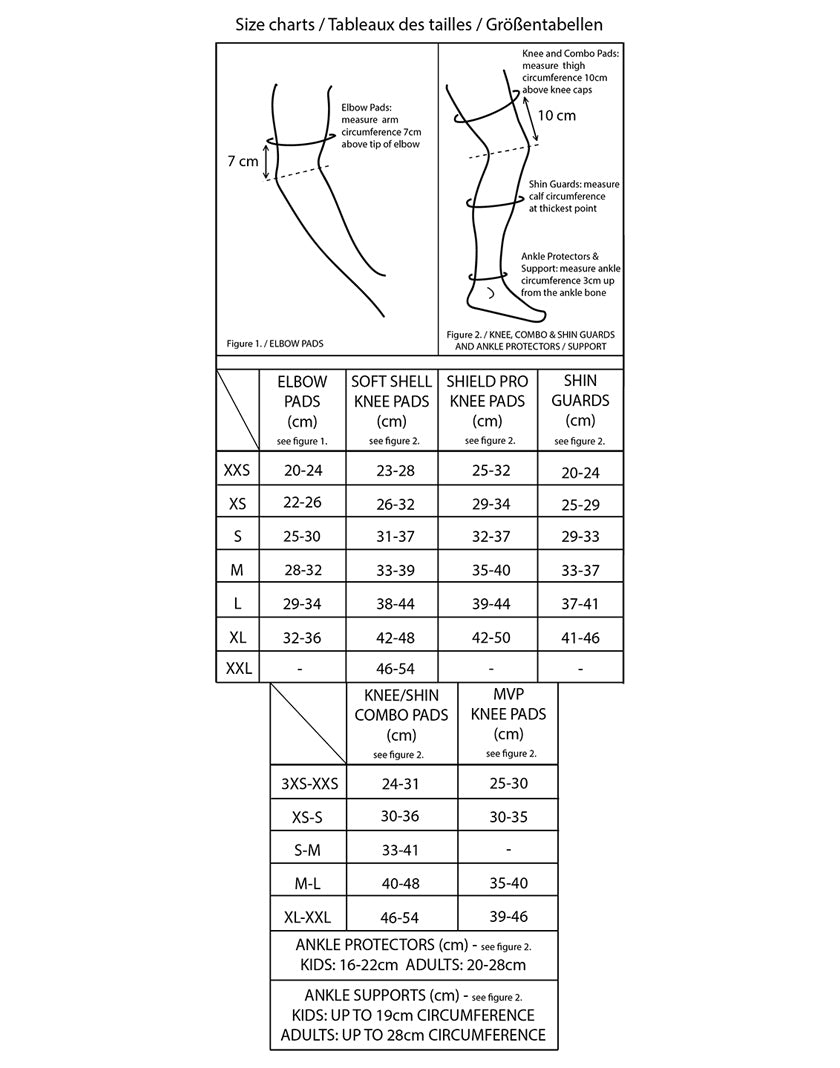 Gain Protection Ankle Protectors sizing chart - sold at RampFest Melbourne