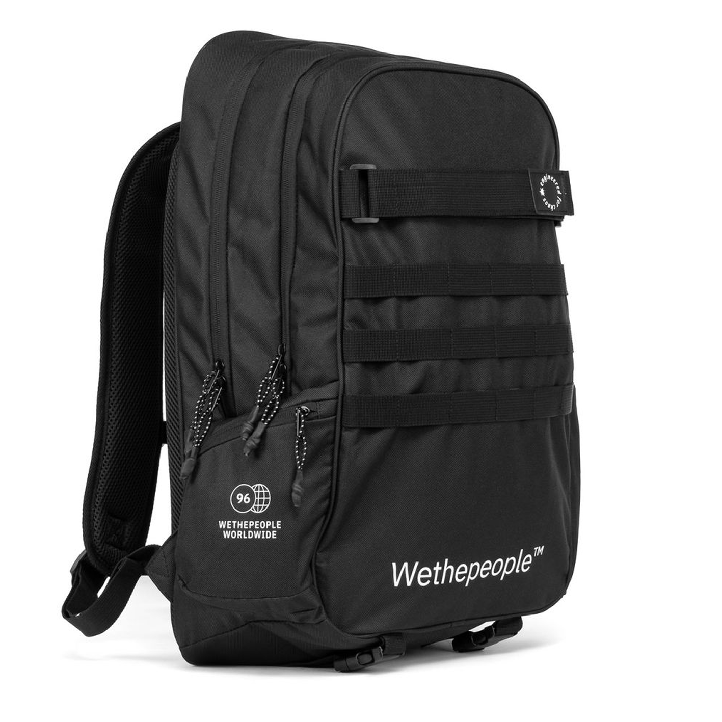 Black backpack with 'Wethepeople' branding on a white background