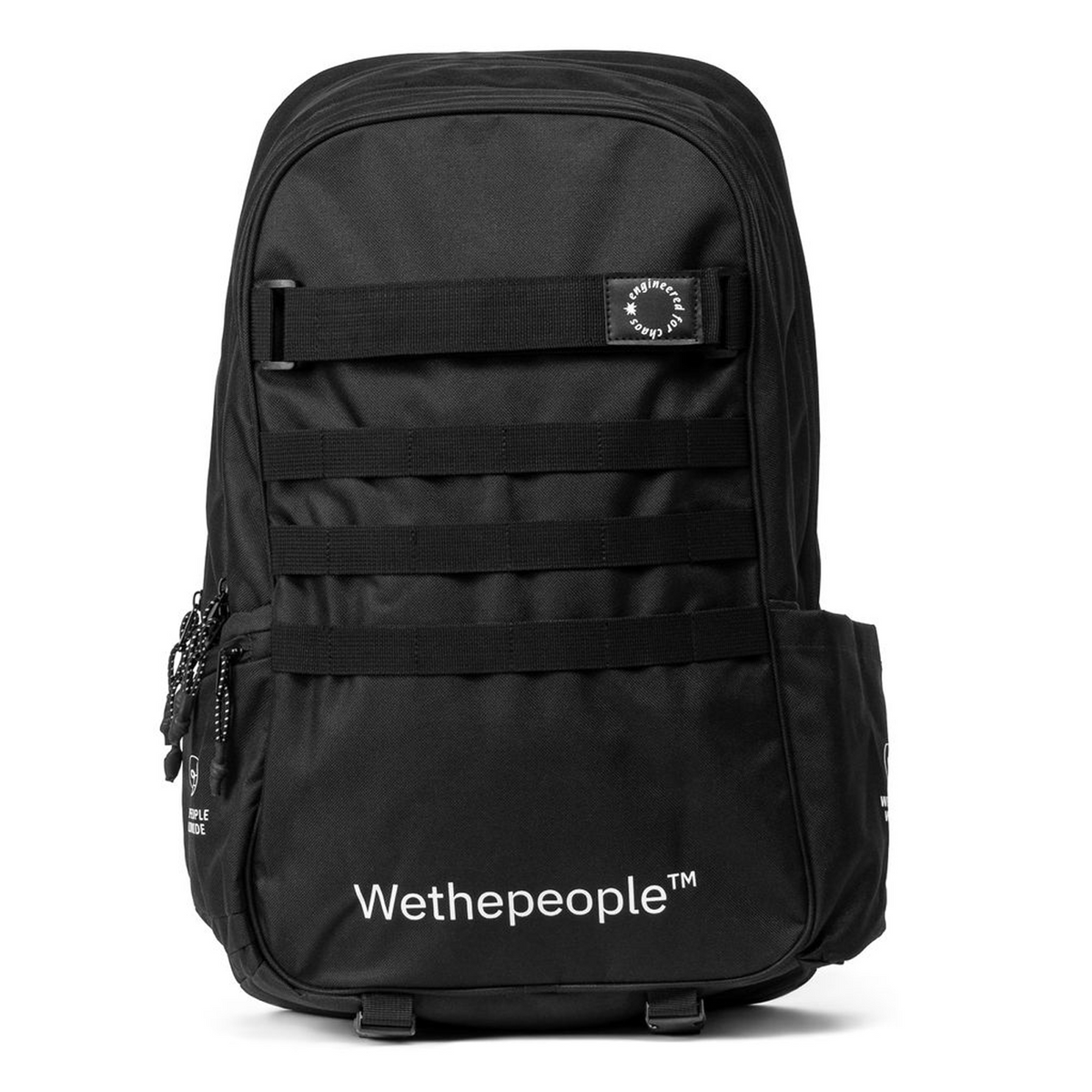 Black backpack with 'Wethepeople' branding on a white background
