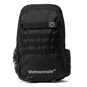 Black backpack with 'Wethepeople' branding on a white background