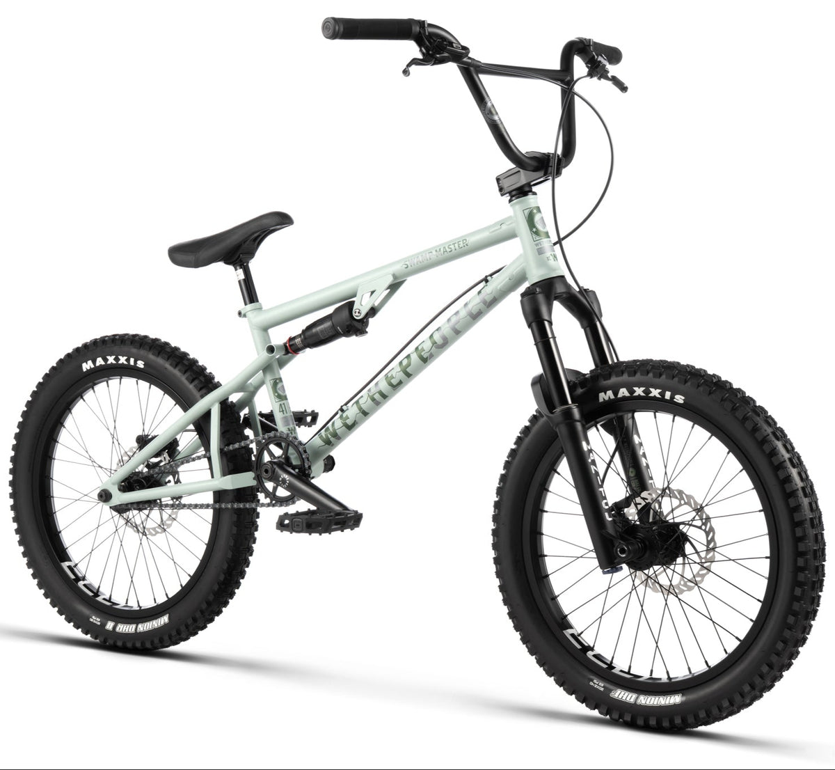 wethepeople full suspension bmx bike in matte swamp grey with black manitou forks and maxxis tyres on white background